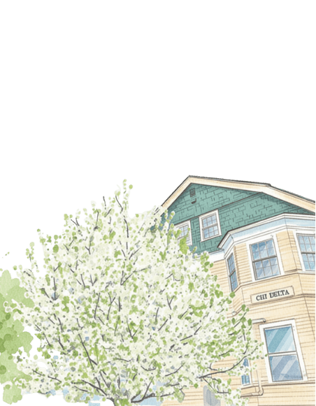 The Chi Delta house behind a flowering tree in spring — 3 Occom Ridge, Hanover NH